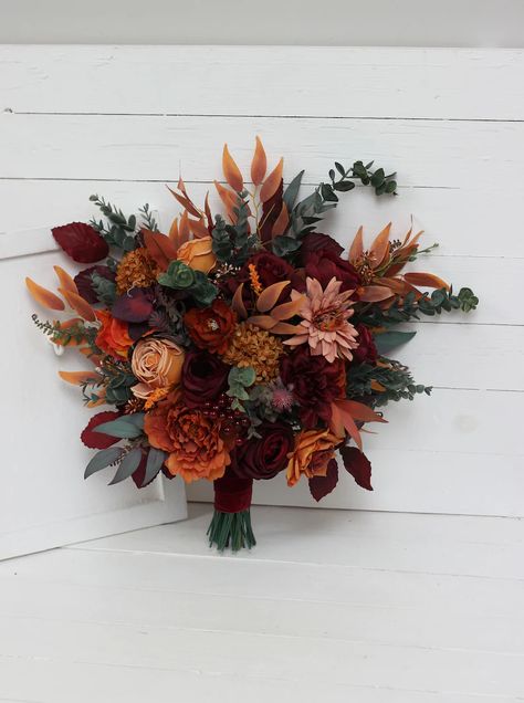 Fall Wedding Boho, Bouquet Fall Wedding, Faux Bouquet, Boho Arch, Cinnamon Orange, Bridal Bouquet Fall, Arch Flowers, Fall Wedding Flowers, Burgundy Flowers