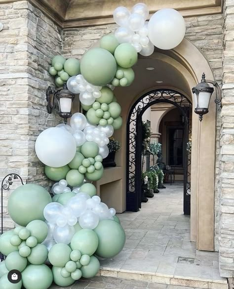 Doorway Balloon Garland, Entrance Balloon Decoration, Entrance Balloon Arch, Sage Balloons, Balloon Gate, Outdoor House Decor, Balloon Door, Night Pool Party, Balloon Arch Decorations