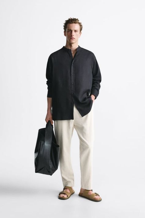 LINEN - LYOCELL SHIRT - Black | ZARA United States Black Linen Shirt Outfit, Long Shirt Men, Linen Shirt Outfit, Black Linen Shirt, Black Outfit Men, Long Outfit, Shirt Outfit Men, Banded Collar Shirts, Cap Outfit