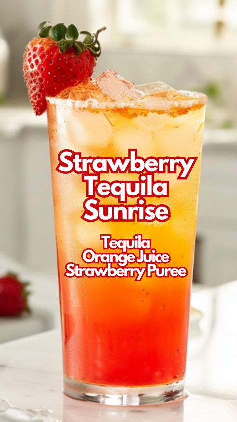 Strawberry Tequila Sunrise Tequila Fruity Drinks, Summer Drinks Alcohol Tequila, Strawberry Tequila Sunrise, Tequila Drinks At The Bar, Summer Alcoholic Drinks For A Party, Orange Drinks Alcohol, Cocktails With Strawberries, Strawberry Drinks Alcohol, Valentine’s Day Drinks