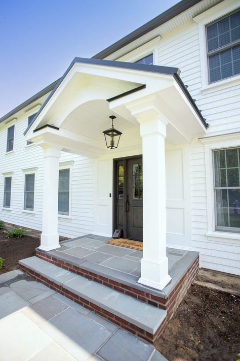 Porches, Porticos & Decking - Majestic Exteriors Colonial Portico Entrance, Side Door Entrance Ideas Curb Appeal, Portico Entry Colonial, Colonial Front Porch Ideas, Cedar Impressions Siding, Foyer Addition, Home With Black Accents, Portico Ideas, Front Porch Entrance