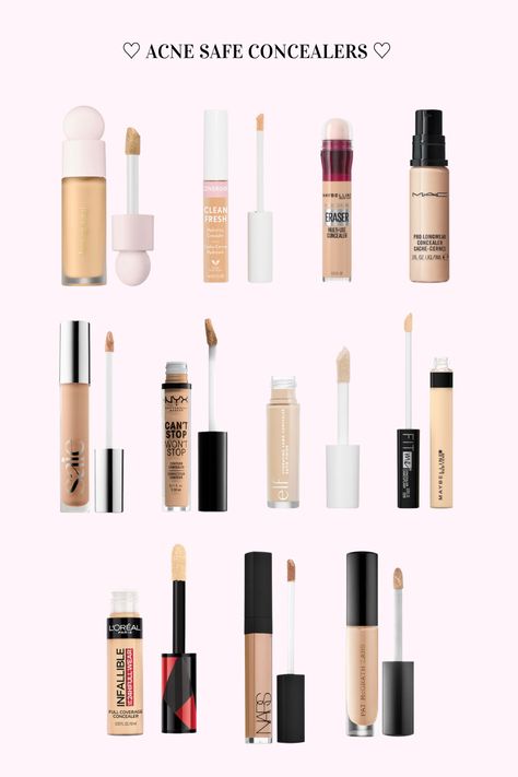 With the considerable amount of makeup products on the market today, it can be hard to be conscious of which ones are actually the best for you! Surprisingly many concealers are not ideal for preventing or avoiding breakouts. Luckily, we have done the research and the following have NO pore-clogging ingredients and thus should not cause breakouts. Types Of Concealer, Best Makeup Products For Acne Prone Skin, Best Makeup Concealer, How To Buy Concealer, Cvs Makeup Must Haves, Makeup Base Products, Acne Makeup Products, Non Pore Clogging Makeup, Acne Safe Makeup Products Drugstore