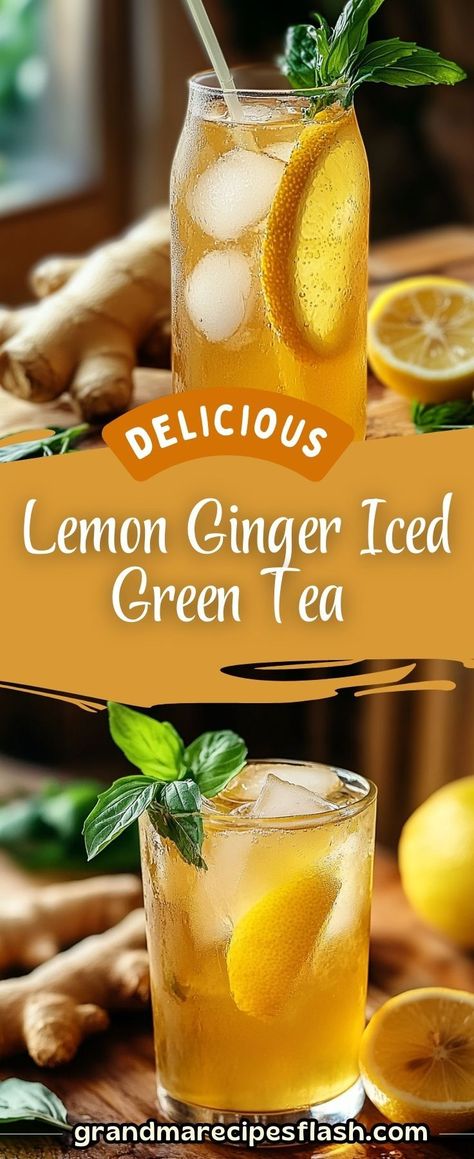 This Lemon Ginger Iced Green Tea is a refreshing, healthy beverage perfect for warm days. Made with fresh ginger, green tea, and a touch of honey, this iced tea is full of antioxidants and natural sweetness. Add a splash of lemon juice for a zesty twist Infused Green Tea Recipes, Lemon Ginger Iced Green Tea With Honey, Lime Ginger Drink, Honey Green Tea, Green Tea Drinks Healthy, Iced Orange Ginger Green Tea, Green Tea Recipes Iced, Lemon Green Tea Recipe, Green Tea Refresher Recipe