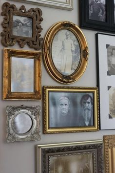 Ancestry Wall Ideas, Antique Family Photos Display, Ancestor Wall Ideas, Wall Of Framed Photos, Vintage Family Photos Display, Ancestor Photo Wall, Wall Of Gold Frames, Ancestry Wall Display, Ancestor Wall Display