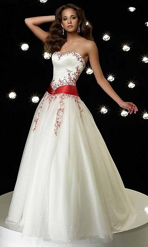 Very Beautiful Red and White Wedding Dress Wedding Dress With Red, White And Red Wedding, Red And White Wedding, Red And White Weddings, Red Wedding Dress, White Ball Gowns, 파티 드레스, Red Wedding Dresses, White Prom Dress