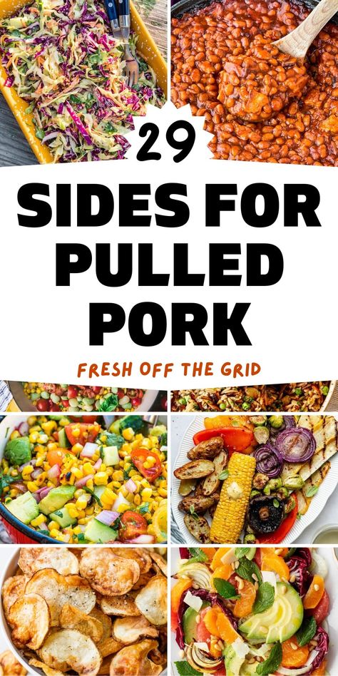 Tender and melt-in-your-mouth good, pulled pork can be served in a variety of ways–and it’s even better with these tasty sides for pulled pork! This huge, delicious list of side dishes for pulled pork includes everything from crisp salads to creamy coleslaw and from tender potatoes to baked beans–and everything in between! These are the very best sides for pulled pork to make a delicious, well-rounded meal. Best Sides With Pulled Pork, Pull Pork Sides, Pulled Pork Serving Ideas, Pulled Pork Taco Sides, Pulled Pork For A Crowd Parties, What To Serve With Bbq Pulled Pork, What To Eat With Pulled Pork Sandwiches, Best Side Dishes For Pulled Pork, Sides To Go With Bbq Pork