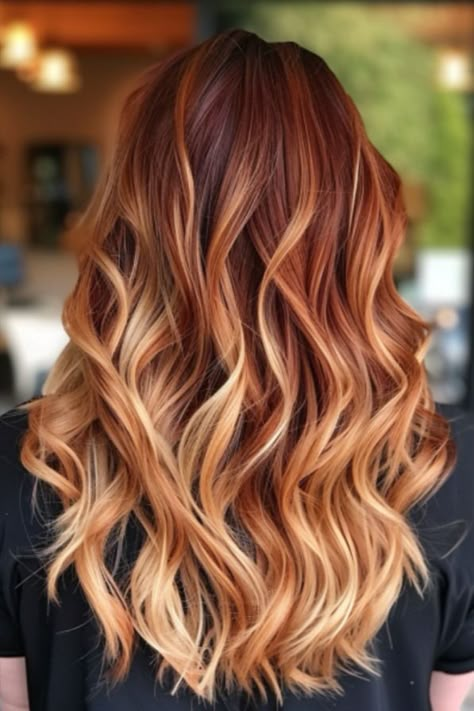 Reddish Brown to Honey Brown Ombre with Loose Curls Red And Blonde Hair, Brown Hair Colors With Blonde, Hair Colors With Blonde, Red Hair With Blonde, Brown Hair Color With Blonde Highlights, Honey Brown Hair Color, Red And Blonde, Red Hair With Blonde Highlights, Red Hair Color Ideas