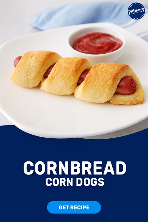 Pillsbury Cornbread Swirls give our famous crescent dogs a sweet fall twist! Skip the mix and bring this family favorite pigs-in-a-blanket recipe together faster without sacrificing flavor. Cornbread Pigs In A Blanket, Pillsbury Corn Dog Wraps, Pillsbury Cornbread Swirls Recipes, Cornbread Hot Dogs, Pillsbury Cornbread Swirls, Cornbread Hotdogs, Pillsbury Cornbread, Pigs In A Blanket Recipe Pillsbury, Cornbread Corn