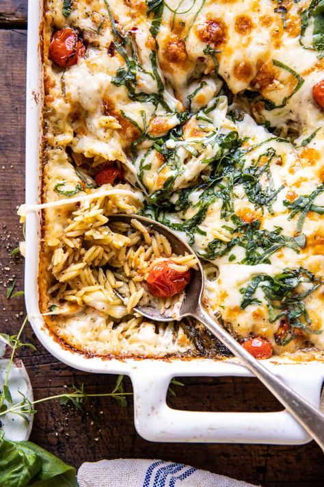 Orzo Half Baked Harvest, Half Baked Harvest Pesto, Casserole Recipes Half Baked Harvest, Half Baked Harvest Chicken Orzo, Half Baked Harvest Recipes Orzo, Half Baked Harvest Casserole Recipes, Half Baked Harvest Italian, Baked Harvest Recipes, Caprese Bake