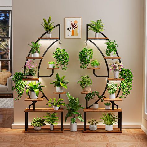 PRICES MAY VARY. 【Indoor Plant Stand with Grow Lights】Engineered for optimal plant growth, this indoor plant stand features built-in full-spectrum grow lights, specifically designed to deliver the exact light conditions needed for plants at every stage of their development. With a dual-head lighting system, it ensures every plant on the shelf receives adequate light, no matter where it's placed. 【Upgraded Tall Moon-Style Plant Stand】Experience the fusion of sophistication and functionality with Indoor Decor Plants, Plant Wall Ideas Indoor, Berry Living Room, Metal Plant Shelf, Large Plant Stand, Country Courtyard, Plant Furniture, House Gates, Plant Stand Decor