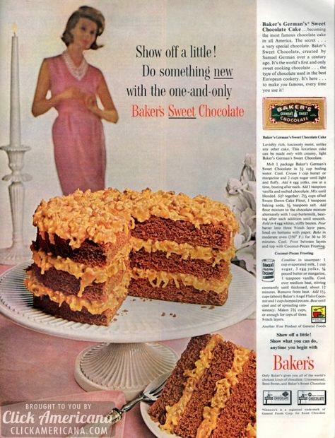 bakers german chocolate cake | Baker’s German Sweet Chocolate Cake & Coconut-Pecan frosting recipes Original German Chocolate Cake Recipe, German Sweet Chocolate Cake, German Sweet Chocolate Cake Recipe, Bakers German Chocolate Cake, Chocolate Cake Coconut, German Cakes Recipes, Homemade German Chocolate Cake, England Food, German Chocolate Cake Recipe