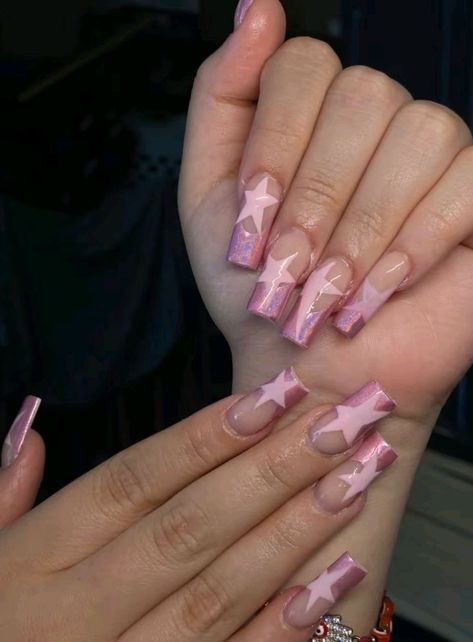 Acrylics With Star Design, Pink Star Nails Acrylic, Pink Stars Nails, Pink Nails With Stars, Star Nails Pink, Star Nails Acrylic, Pink Star Nails, Cheetah Print Nails, Long Acrylic Nail Designs