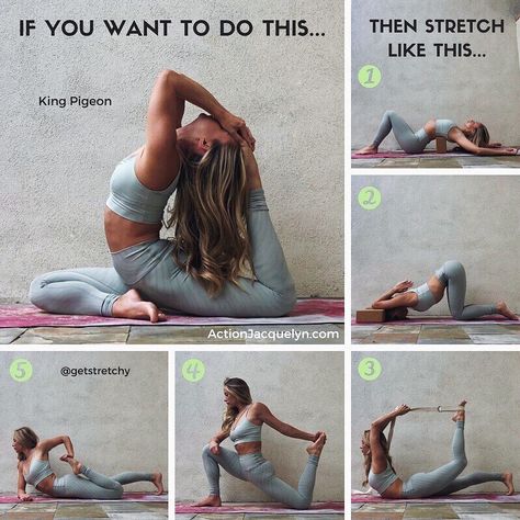 @actionjacquelyn • KING PIGEON pose preps!! Use all of these @getstretchy stretches to prepare yourself for this beautiful pose! Do each stretch for 30 sec - Yoga Goals, Ashtanga Vinyasa Yoga, Yoga Ashtanga, Yoga Handstand, Yoga Beginners, Yoga Posen, Beginner Yoga, Yoga Stretching, Yoga Love