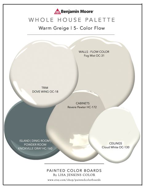 Knoxville Gray, Neutral Paint Palette, Dove Wing, Greige Paint, Grey Owl, Open Concept Home, House Color Palettes, Revere Pewter, Tiny Cottage