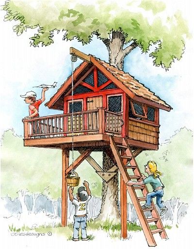 Downloadable Treehouse & Playhouse Plans - Plans For Treehouses And Playhouses. Single Tree Treehouse, Kids Gardening Projects, Treehouse Plans, Backyard Treehouse, Simple Tree House, Playhouse Plans, Tree House Plans, Tree Fort, Tree House Diy