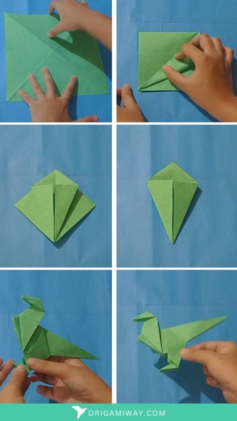 An origami paper green dinosaur Dino Diy Crafts, Dinosaur Crafts For Adults, Origami Dinosaur Step By Step, Easy Dino Origami, Dinasour Origami Easy, Paper Dinosaur Origami, How To Make A Paper Dinosaur, Origami Dinosaur Easy Step By Step, Oragami Dinasour