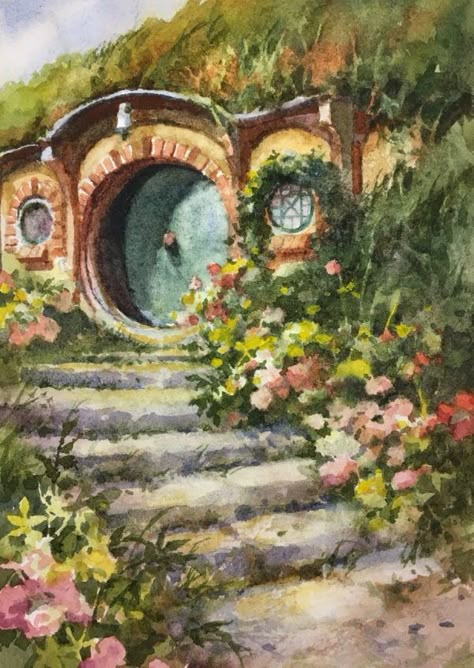 Hobbit House 4 – Hobbiton New Zealand Casa Do Hobbit, Hobbiton New Zealand, New Zealand House, Casa Hobbit, Plein Air Watercolor, Hobbit Art, Middle Earth Art, Tolkien Art, Lotr Art