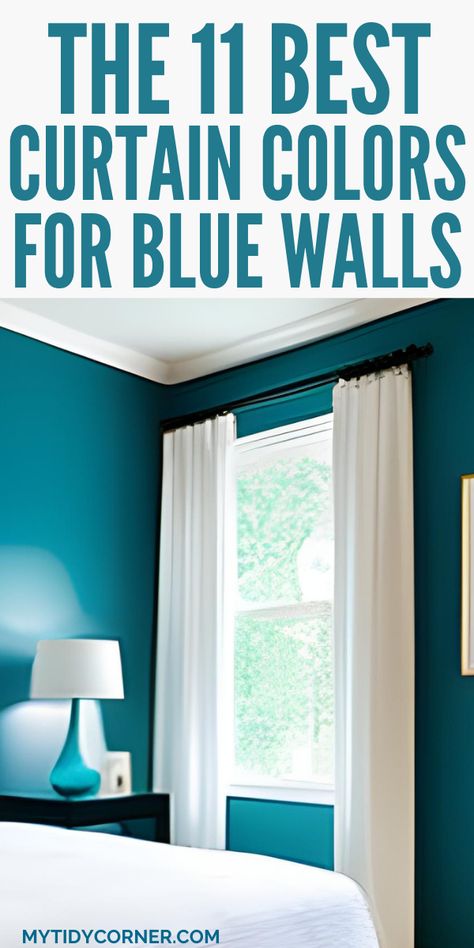 best color curtains for blue walls White Curtains Blue Walls, Teal Bedroom Curtain Ideas, Curtains For Navy Blue Wall, Curtains For Teal Walls, Blue Wall Curtain Ideas, Curtains For Light Blue Walls, Curtains With Blue Walls, Curtains For Blue Walls, Teal Bedroom Curtains