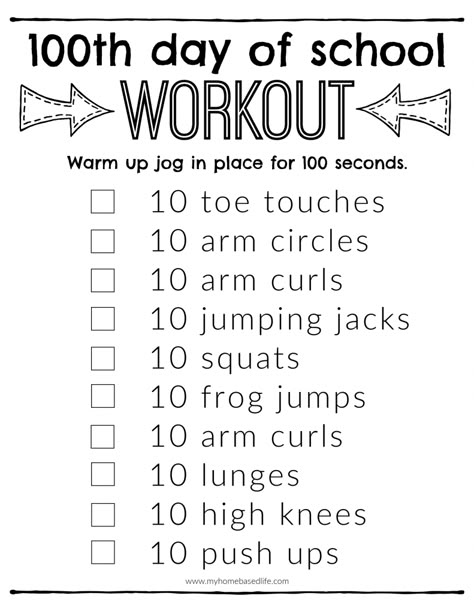 This free printable 100th day of school workout is a fun way to celebrate the 100th day of school and get kids moving with easy exercise activities. 100th Day Of Homeschool Ideas, 100 Day Workout, 100 Days Of School Games, 100th Day Of Kindergarten Activities, 100th Day Of Preschool Activities, 100th Day Activities Preschool, 100s Day Activities Kindergarten, Preschool 100th Day Activities, Kindergarten Exercise Activities