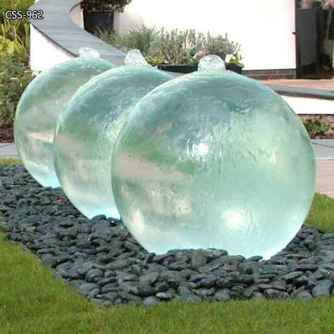 Glass Ball Fountain, Ball Fountain Outdoor, Sphere Water Fountain, Sphere Fountain Outdoor, Fountain Design Modern, Front Yard Water Fountain Ideas, Water Fountains Outdoor Front Yards, Outdoor Fountain Ideas Landscaping, Outdoor Fountain Ideas