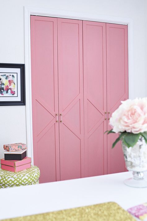 Pink Doors, Diy Closet Doors, Bedroom Closet Doors, Closet Door Makeover, Pink Closet, Bifold Closet Doors, Door Upgrade, Closet Door, Closet Makeover