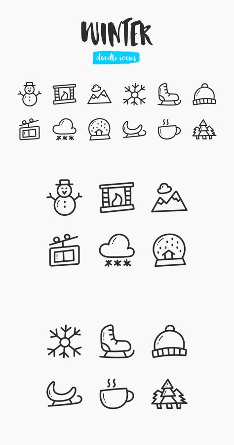 Winter Hand-Drawn Doodle Icons Winter Bujo Doodles, Winter Doodles January, Cute Doodle Art Christmas, January Doodles Easy, December Doodles Easy, Winter Simple Drawings, Winter Symbols Drawings, Easy Winter Doodles, How To Draw Winter Things