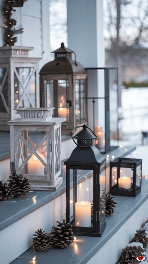 Porch Decorating Lanterns, Lighted Porch Decor, New Years Porch Decor, Large Lanterns On Front Porch, Winter Small Porch Decor, Front Porch Ideas With Lanterns, Latern Decor Ideas Outside, Diy Winter Porch Decor, Non Christmas Winter Decor Front Porches