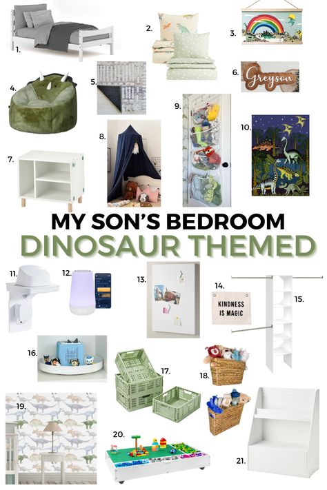 Toddler Room Makeover — Playroom Inspo Toddler Dinosaur Room, Toddler Room Makeover, Dinosaur Toddler Room, Dinosaur Boys Room, Dinosaur Kids Room, White Wooden Bed, Farm Bedroom, Dinosaur Bedding, Dinosaur Bedroom