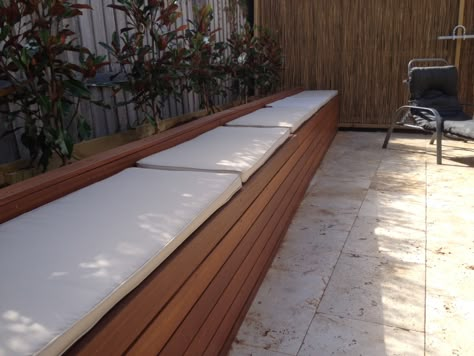 Outdoor Bench Seat With Storage, Outdoor Wall Bench Seating, Bench Seat Pool Area, Pool Deck Bench Ideas, Diy Garden Bench Seating, Terrace Built In Seating, Built In Bench Outdoor Seating, Outdoor Patio Bench Seating Areas, Outdoor Seating Storage