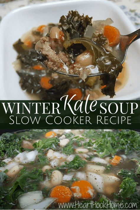 Winter Kale Soup Slow Cooker Recipe Winter Soup Recipes Slow Cooker, Kale Smoothies, Winter Soup Recipes, Kale Soup Recipes, Soup Slow Cooker, Winter Soup Recipe, Recipes Zucchini, Soup Chowder, Winter Soup