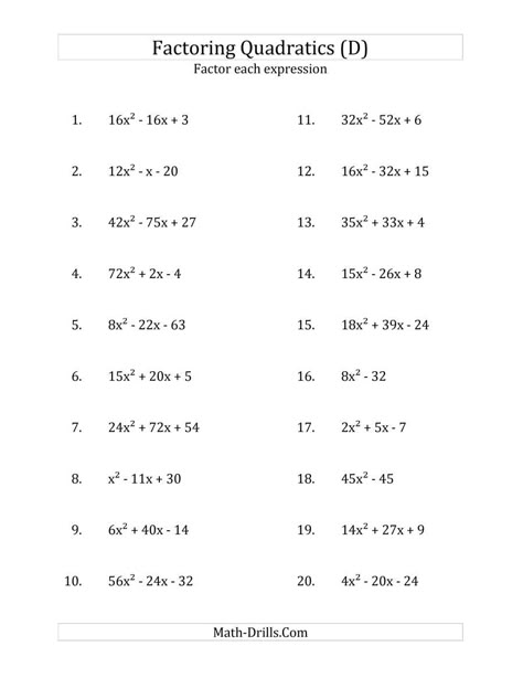 The Factoring Quadratic Expressions with 'a' Coefficients up to 81 (D) Math Worksheet from the Algebra Worksheets Page at Math-Drills.com. Fun Algebra Worksheets, Sat Tricks, Factorization Math, Quadratic Equations Worksheets, 8th Grade Worksheets, Algebra 1 Worksheets, Logic Puzzles Brain Teasers, Factoring Quadratics, Factoring Polynomials