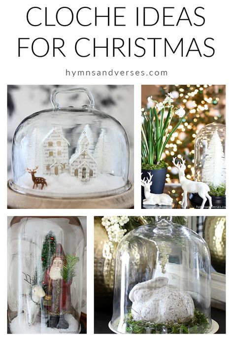 Easy ideas to make a Christmas cloche. You can use a domed cheese board, glass domed cake stand, etc. A domed glass display is magical at Christmastime. #hymnsandverses #christmas #Christmas #cloche #glassdome #christmasdecor Glass Dome Christmas Decor Ideas, Holiday Cloche Ideas, Kitchen Cloche Ideas, Cake Stand Display Ideas, Glass Cloche Christmas Decor, Cloche Christmas Decor, Christmas Cake Stand Decorating Ideas, Glass Dome Christmas Decor, Glass Dome Display Ideas