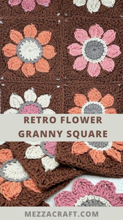 1970s style colors - browns, pinks and orange flower crochet pattern Vintage Flower Granny Square, Bobble Drops Flower Granny Square, Crochet Granny Flower Square, Pretty Granny Squares Free Pattern, Sunflower Granny Square Pattern Free, Retro Flower Granny Square, Pretty Granny Squares, Granny Squares Pattern Free, Flower Granny Square Pattern Free