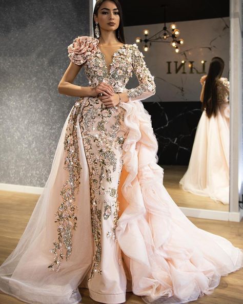 Arabic Evening Dress, Party Gowns Evening Dresses, Party Gowns Evening, Flower Mermaid, Long Sleeve Mermaid Prom Dress, Reception Gowns, Styles Dress, Detachable Train, Outfit Styles