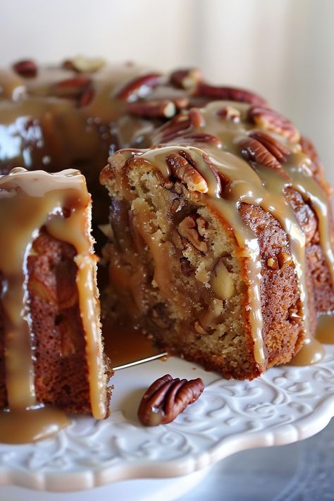 Delight in the flavors of autumn with this Apple Pecan Cake with Caramel Glaze recipe, featuring fresh Granny Smith apples, crunchy pecans, and a luscious homemade caramel sauce for a truly decadent treat. Apple Pecan Bundt Cake, Caramel Glaze Recipe, Apple Pecan Cake, Cake With Caramel Icing, Cake With Caramel Sauce, Cake With Caramel, Caramel Icing, Caramel Glaze, Light Cakes