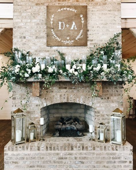 January Fireplace Decor, Rustic Fireplace Wedding Decor, Fireplace Mantel Floral Arrangements, Wedding Mantel, Wedding Mantle Decorations, Fireplace Mantle Decor Wedding, Wedding Decor For Fireplace Mantel, Fireplace Wedding Decorations, Floral Mantle Wedding