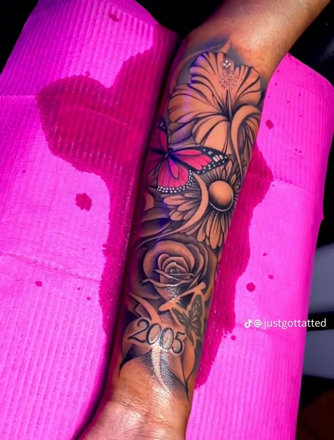 Full Sleeve Tattoos Women Ideas, Rose Half Sleeve Tattoos For Women, Arm Text Tattoos For Women, Female Forearm Tattoo Ideas Half Sleeves, Forearm Tattoo Cover Up, Forearm Tattoo Women Cover Up, Tattoo Ideas Female Cover Up, Forearm Tattoo Women Flowers, Pretty Arm Tattoos For Women