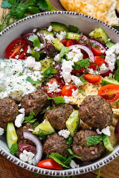 Greek Meatball Salad, Ground Beef Greek Meatballs, Greek Meatball Recipes, Mediterranean Meatball Recipes, Greek Meatball Bowl, Greek Dinner Ideas, Meatball Meals, Meatball Salad, Greek Lamb Recipes