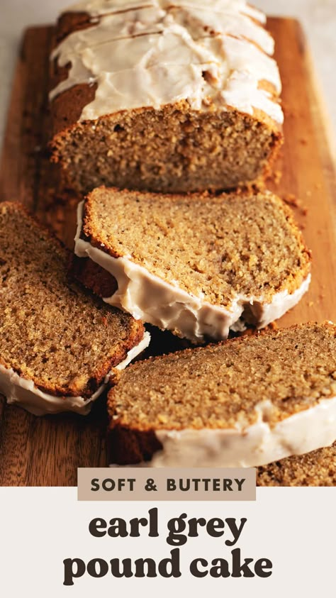 This earl grey pound cake is soft, dense, and buttery. It has plenty of earl grey flavour from the earl grey infused cream and tea leaves. It's a cozy and simple loaf cake to make when you need a pick me up! #poundcake #earlgrey #baking | teakandthyme.com Earl Grey Cake Recipe, Food To Make Easy, Carrot Bread Recipe, Milk And Tea, Coffee Cake Loaf, Book Date, Snacking Cake, Tea Loaf, Carrot Bread