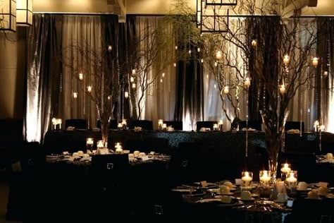 Head Table Wedding Backdrop, Branch Centerpieces, Halloween Wedding Ideas, Halloween Themed Wedding, Tree Centerpieces, Goth Wedding, Dark Wedding, Gothic Wedding, Wedding Places