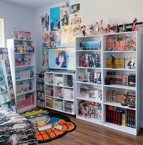 Bookshelf Setup, Manga Bookshelf, Manga Shelves, Manga Room, Anime Bedroom Ideas, Manga Shelf, Anime Bedroom, Nerd Room, Cool Room Designs