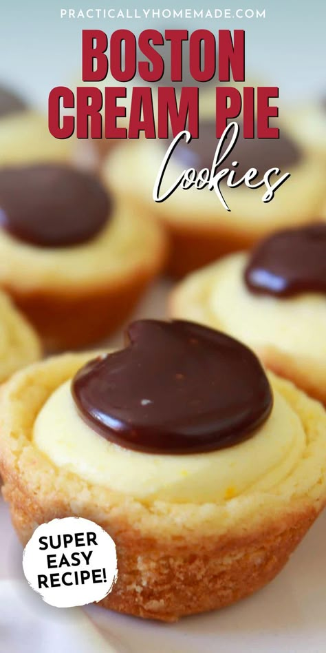 These Boston Cream Pie Cookies are the perfect little bite-sized desserts! These little cookie bites are super easy to make, but they look impressive and are sure to be a crowd-pleaser at any party or gathering. You’ll love these little Boston cream pie cookies, so try this recipe out today! Boston Cream Pie Cookie Bites, Easy Boston Cream Pie, Cream Pie Cookies, Finger Desserts, Cookie Bites, Pie Bites, Boston Cream Pie, Pie Cookies, Dessert Bites