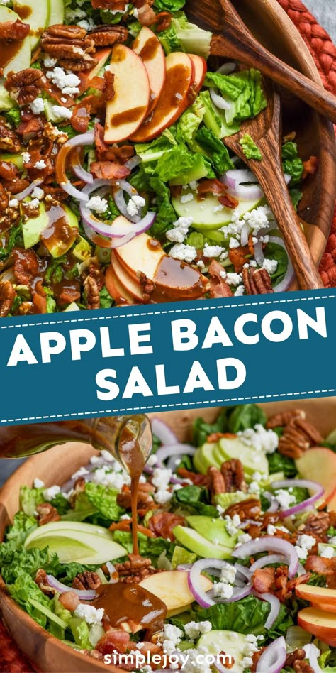 This amazing Apple Bacon Salad can be a meal all it's own. It is full of great flavor plus the crunch of apples and the irrisistable taste of bacon. Spinach Apple Bacon Salad, Apple Lettuce Salad Recipe, Turkey Bacon Salad, Apple Salad Ideas, Lettuce Salad With Apples, Apple Crunch Salad, Apple Recipes Salad, Salad With Green Apples, Apple Lettuce Salad