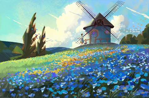 Spring Concept Art, Flowers Concept Art, Sea Concept Art, Landscape Sea, Flower Concept Art, John Stones, Bg Design, Ffa, 수채화 그림