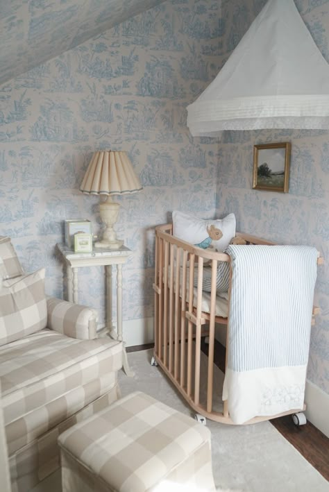 Nursery French, Pastel Baby Room, Neutral Baby Nursery, Toile Baby Nursery, Peter Rabbit Mural Nursery, Blue Striped Wallpaper Nursery, Blue Toile Wallpaper Nursery, Cottage Nursery, Atticus