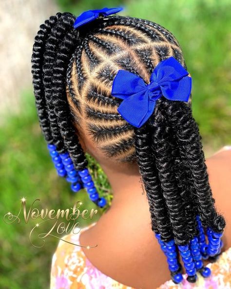 Braid Hairstyles For Little Black Girls Easy, Cornrow Hairstyles For School Kids, Kids Cornrows With Beads, Cornrow In Two Hairstyles, Cornrow Hairstyles For School Natural Hair, Braids For Baby Girls Hair, Girls Braids Black Kids Natural Hair, Kid Twist Hairstyles, African Hair Braiding Styles For Kids