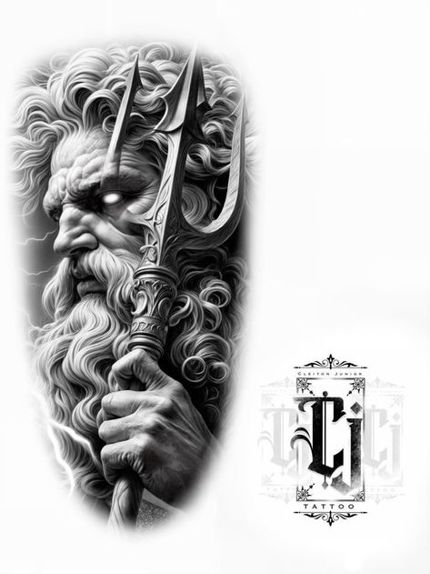 Poseidon Tattoo Design, Poseidon Drawing, Poseidon Design, Zeus Tattoo Design, Hercules Tattoo, Hades Tattoo, Trident Tattoo, Greek God Tattoo, Arm Tattoos Drawing