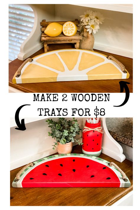 Best Selling Diy Projects, Lemon Wood Decor, Diy Tray Painting Ideas, Watermelon Home Decor, Summer Signs Diy, Wood Summer Crafts, Fun Summer Diy Projects, Diy Serving Tray Ideas Wood, Summer Craft Decor