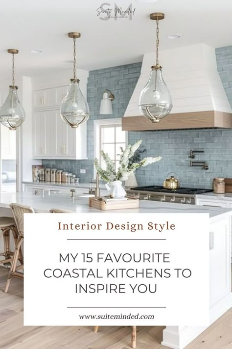 These 15 coastal kitchens perfectly capture the laid-back, serene vibes of seaside living, each with its own unique take on coastal design. Whether you’re planning a full kitchen renovation or simply want to refresh your space with a few coastal touches, there’s so much to draw inspiration from here. If you’re ready to bring this airy, timeless style into your home but aren’t sure where to start, I’m here to help! Reach out today, and discover how I can help you make your dream kitchen a reality Modern Beach House Kitchen Ideas, Florida Kitchens Design, Modern Coastal Kitchen Backsplash Ideas, Modern Coastal Design Interiors, Traditional Coastal Kitchen, Coastal Kitchen Renovation, Coastal Traditional Kitchen, Coastal Small Kitchen, Modern Coastal Kitchens