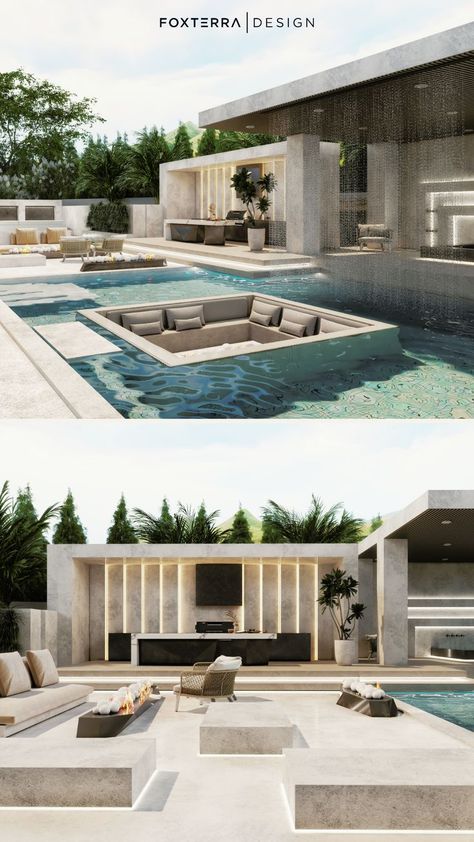 This minimalist modern luxury home backyard features an organic modern design, floating sunken seating area and soothing rain curtain. Tour this modern luxury home backyard here! Ready to upgrade your outdoor space? Book a design consultation today, we design WORLDWIDE! Follow for more modern pool backyards, modern fire pits & luxury landscape inspiration. Modern Luxury Backyard, Modern Fire Pits, Sunken Seating Area, Luxury Pool House, Sunken Seating, Luxurious Backyard, Modern Backyard Design, Rain Curtain, Organic Modern Design